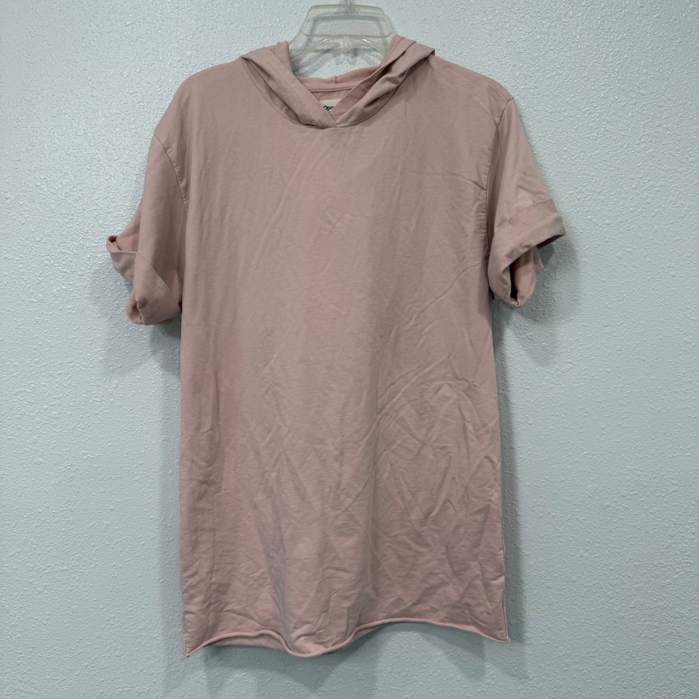 Open Edit Pink Short Sleeve Raw Hem Hoodie Dress XS
